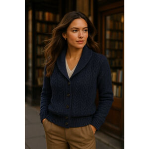 Banana Republic Cable Knit Cardigan Collar Shawl Navy M Old Money Quiet Luxury